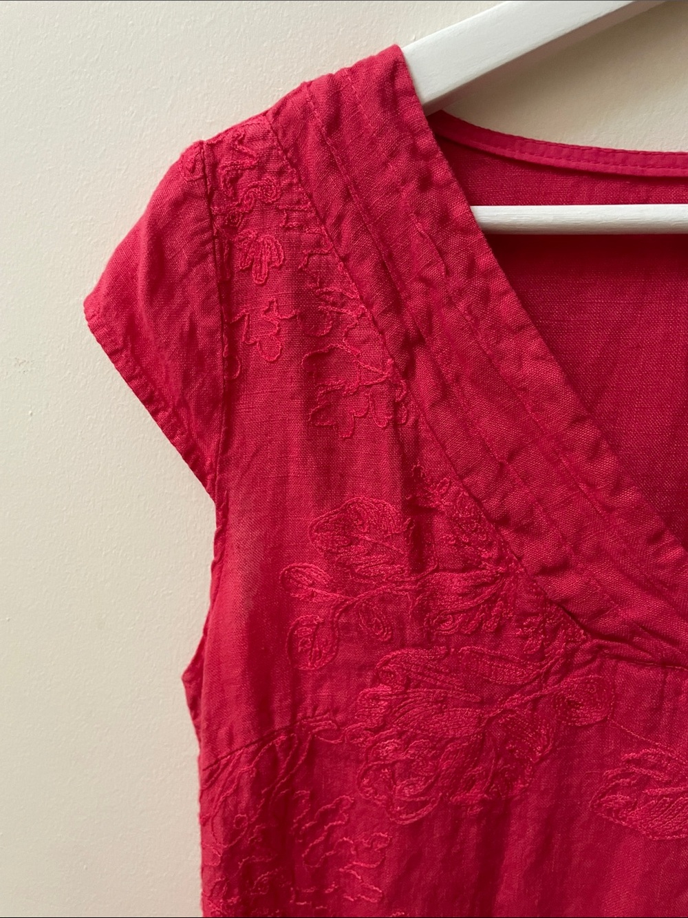 Linen V-Neck Embroidered Cap-Sleeve Dress - Picture 5 of 9